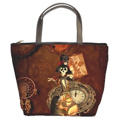 Funny Steampunk Skeleton, Clocks And Gears Bucket Bag by FantasyWorld7