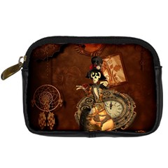 Funny Steampunk Skeleton, Clocks And Gears Digital Camera Leather Case by FantasyWorld7