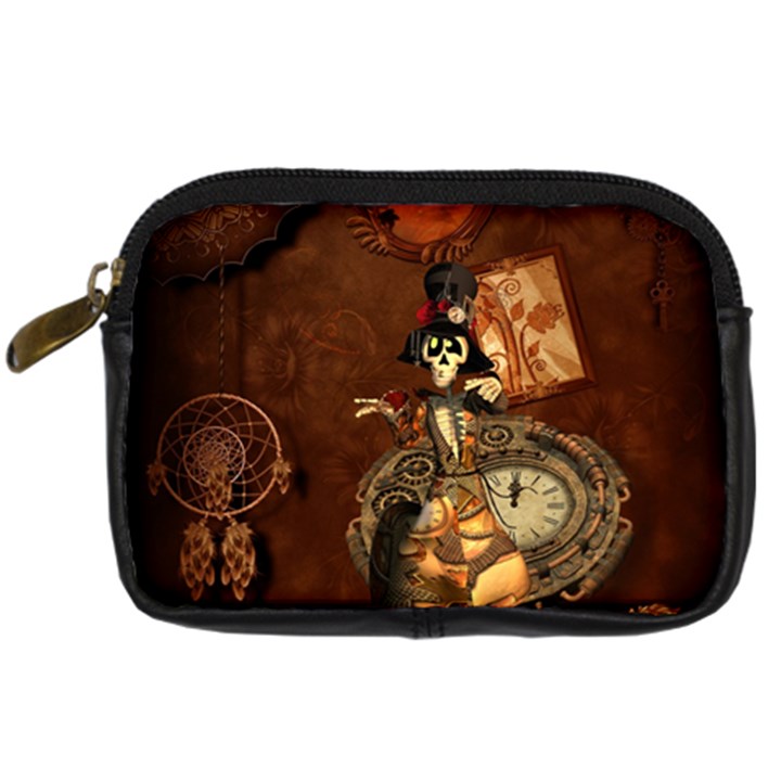 Funny Steampunk Skeleton, Clocks And Gears Digital Camera Leather Case