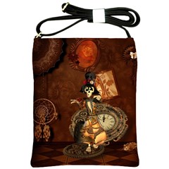 Funny Steampunk Skeleton, Clocks And Gears Shoulder Sling Bag by FantasyWorld7