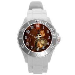 Funny Steampunk Skeleton, Clocks And Gears Round Plastic Sport Watch (l) by FantasyWorld7