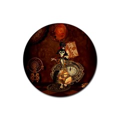 Funny Steampunk Skeleton, Clocks And Gears Rubber Coaster (round)  by FantasyWorld7