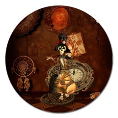 Funny Steampunk Skeleton, Clocks And Gears Magnet 5  (round) by FantasyWorld7