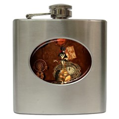 Funny Steampunk Skeleton, Clocks And Gears Hip Flask (6 Oz) by FantasyWorld7