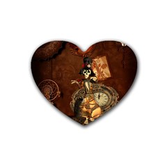 Funny Steampunk Skeleton, Clocks And Gears Rubber Coaster (heart)  by FantasyWorld7