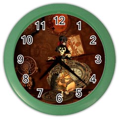 Funny Steampunk Skeleton, Clocks And Gears Color Wall Clock by FantasyWorld7