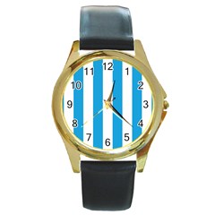 Oktoberfest Bavarian Blue And White Large Cabana Stripes Round Gold Metal Watch by PodArtist