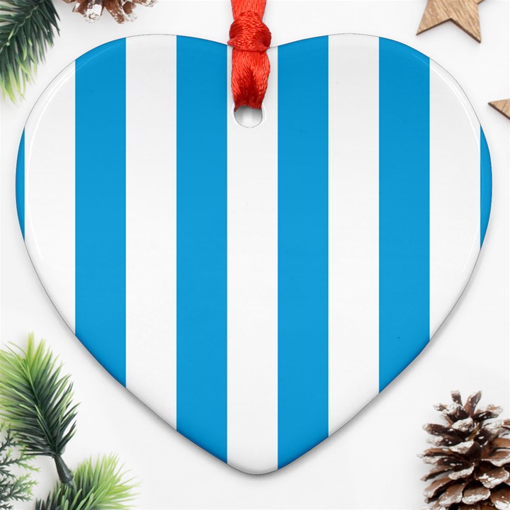 Oktoberfest Bavarian Blue and White Large Cabana Stripes Heart Ornament (Two Sides)