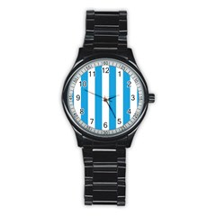 Oktoberfest Bavarian Blue And White Large Cabana Stripes Stainless Steel Round Watch by PodArtist