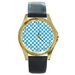 Oktoberfest Bavarian Large Blue And White Checkerboard Round Gold Metal Watch by PodArtist