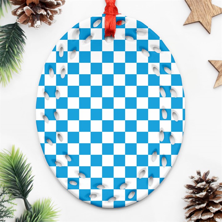 Oktoberfest Bavarian Large Blue and White Checkerboard Ornament (Oval Filigree)