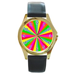 Neon Rainbow Mini Burst Round Gold Metal Watch by PodArtist