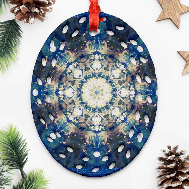 Painted Blue Mandala Flower On Canvas Oval Filigree Ornament (Two Sides)