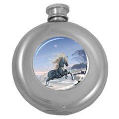 Wonderful Wild Fantasy Horse On The Beach Round Hip Flask (5 Oz) by FantasyWorld7