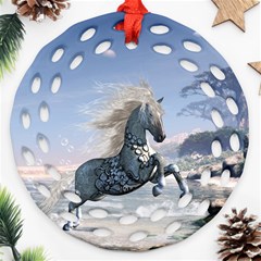 Wonderful Wild Fantasy Horse On The Beach Ornament (round Filigree) by FantasyWorld7