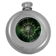 Awesome Creepy Mechanical Skull Round Hip Flask (5 Oz) by FantasyWorld7