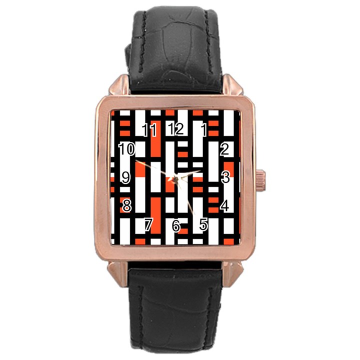 Linear Sequence Pattern Design Rose Gold Leather Watch 