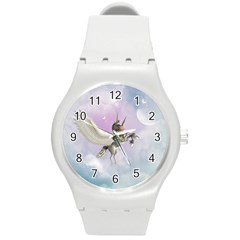 Cute Little Pegasus In The Sky, Cartoon Round Plastic Sport Watch (m) by FantasyWorld7