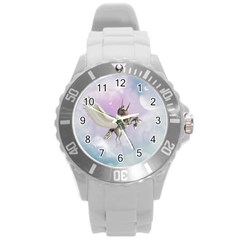 Cute Little Pegasus In The Sky, Cartoon Round Plastic Sport Watch (l) by FantasyWorld7