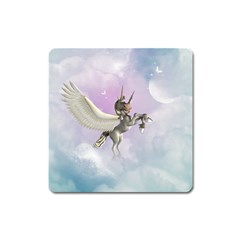 Cute Little Pegasus In The Sky, Cartoon Square Magnet by FantasyWorld7