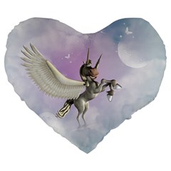 Cute Little Pegasus In The Sky, Cartoon Large 19  Premium Flano Heart Shape Cushions by FantasyWorld7