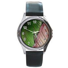 Leaf Banana Leaf Greenish Lines Round Metal Watch by Sapixe