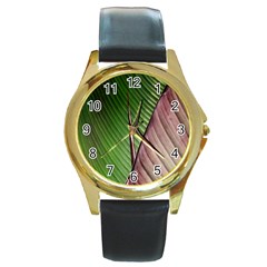 Leaf Banana Leaf Greenish Lines Round Gold Metal Watch by Sapixe