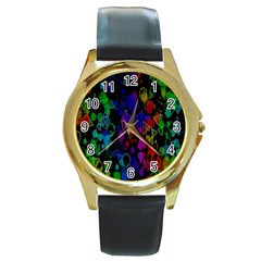 Rainbow Pattern Geometric Texture Round Gold Metal Watch by Sapixe