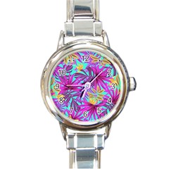 Tropical Greens Leaves Design Round Italian Charm Watch by Sapixe