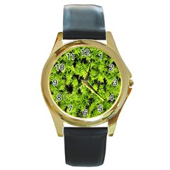 Green Hedge Texture Yew Plant Bush Leaf Round Gold Metal Watch by Sapixe