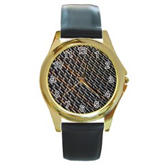 Rattan Wood Background Pattern Round Gold Metal Watch by Sapixe