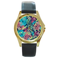 Leaves Tropical Picture Plant Round Gold Metal Watch by Sapixe