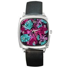 Leaves Drawing Reason Pattern Square Metal Watch by Sapixe