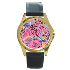 Illustration Reason Leaves Design Round Gold Metal Watch