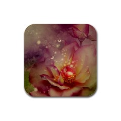 Wonderful Roses With Butterflies And Light Effects Rubber Square Coaster (4 Pack)  by FantasyWorld7