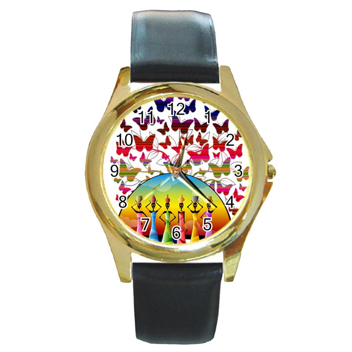 African Americn Art African American Women Round Gold Metal Watch