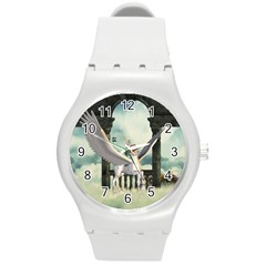 Cute Little Pegasus In The Sky, Cartoon Round Plastic Sport Watch (m) by FantasyWorld7