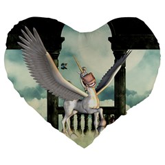 Cute Little Pegasus In The Sky, Cartoon Large 19  Premium Flano Heart Shape Cushions by FantasyWorld7