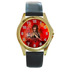 The Fairy Of Music Round Gold Metal Watch by FantasyWorld7