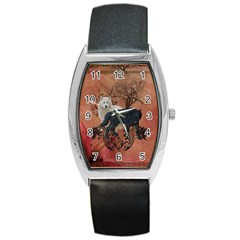 Awesome Black And White Wolf Barrel Style Metal Watch by FantasyWorld7