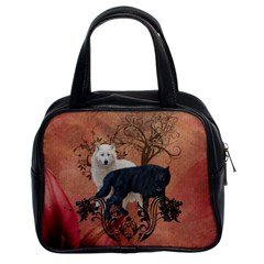 Awesome Black And White Wolf Classic Handbag (two Sides) by FantasyWorld7