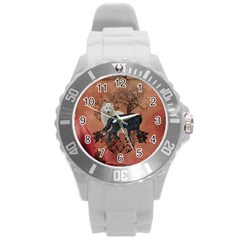 Awesome Black And White Wolf Round Plastic Sport Watch (l) by FantasyWorld7