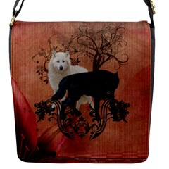 Awesome Black And White Wolf Flap Closure Messenger Bag (s) by FantasyWorld7