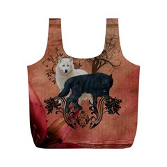 Awesome Black And White Wolf Full Print Recycle Bag (m) by FantasyWorld7