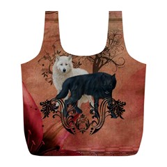 Awesome Black And White Wolf Full Print Recycle Bag (l) by FantasyWorld7