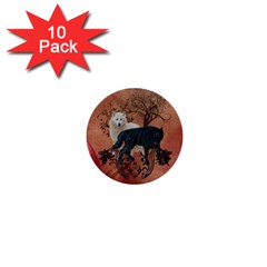 Awesome Black And White Wolf 1  Mini Buttons (10 Pack)  by FantasyWorld7