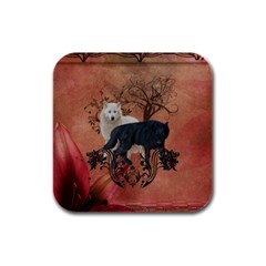 Awesome Black And White Wolf Rubber Square Coaster (4 Pack)  by FantasyWorld7