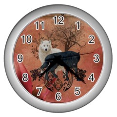 Awesome Black And White Wolf Wall Clock (silver) by FantasyWorld7