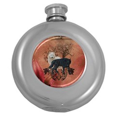 Awesome Black And White Wolf Round Hip Flask (5 Oz) by FantasyWorld7