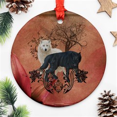 Awesome Black And White Wolf Round Ornament (two Sides) by FantasyWorld7